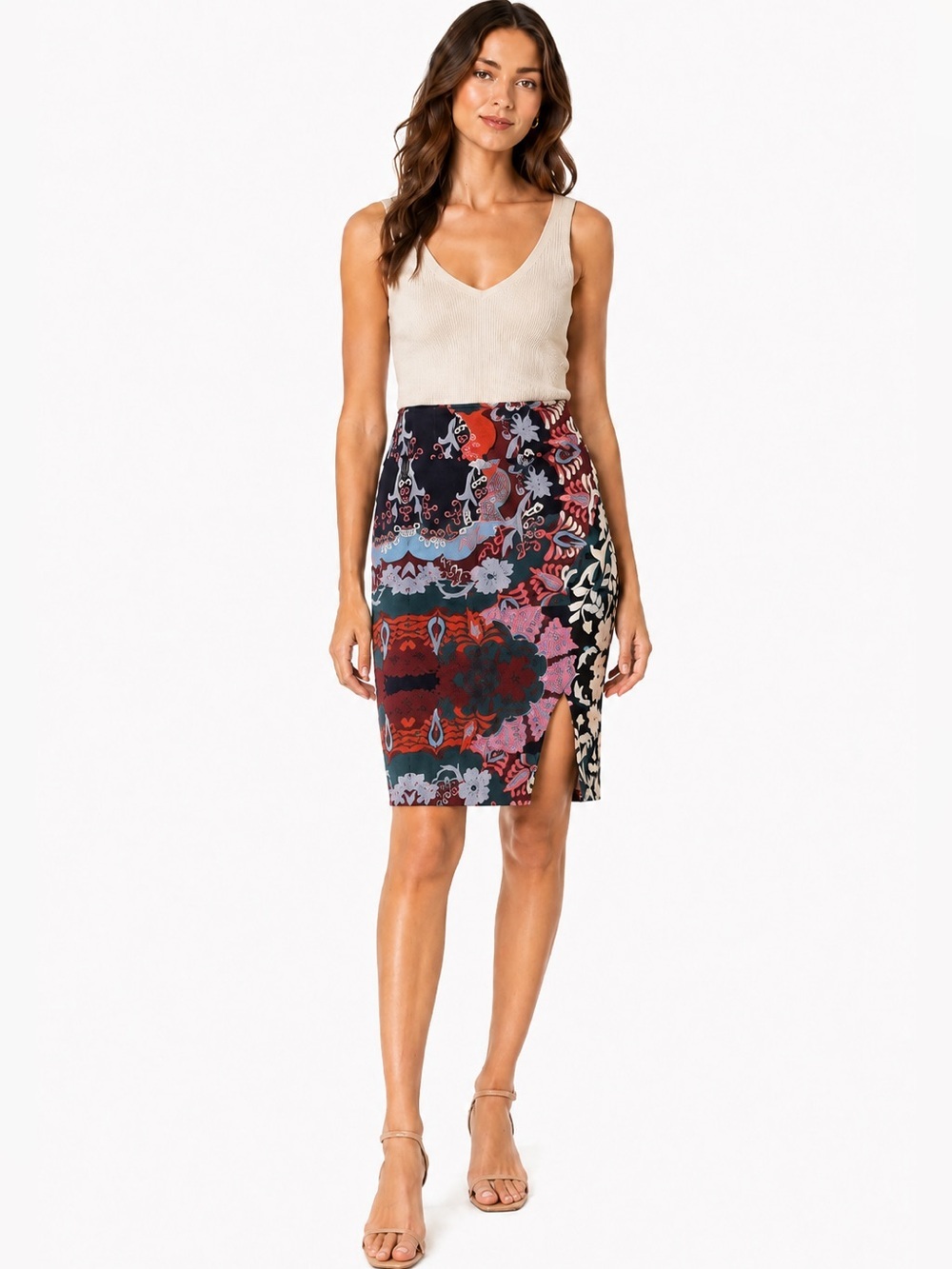 Anthropologie Maeve Medium Floral Patchwork Midi Pencil Skirt Front Slit